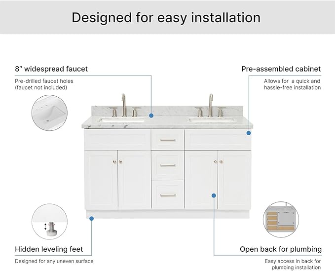 ARIEL Hamlet 60-inch Bathroom Vanity with Sink,Solid Wood, 1.5-inch Italian Carrara Marble Countertop, Double Rectangular Porcelain Sink, 4 Soft Closing Doors, 3 Dovetail Drawers, White