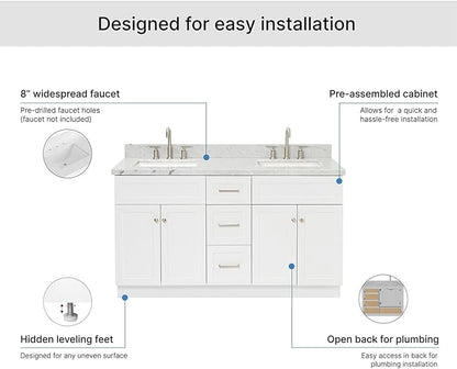 ARIEL Hamlet 60-inch Bathroom Vanity with Sink,Solid Wood, 1.5-inch Italian Carrara Marble Countertop, Double Rectangular Porcelain Sink, 4 Soft Closing Doors, 3 Dovetail Drawers, White