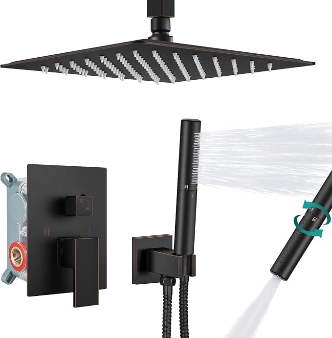 Aolemi Shower System with Rain Head and Handheld,10-Inch,Oil Rubbed Bronze | High-Pressure Shower Faucet Set with Dual-Function Handheld,Rough-In Valve,1.8 GPM,Ceiling Mount Trim Kit