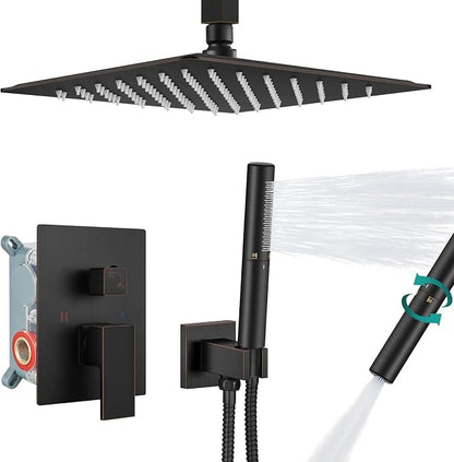 Aolemi Shower System with Rain Head and Handheld,10-Inch,Oil Rubbed Bronze | High-Pressure Shower Faucet Set with Dual-Function Handheld,Rough-In Valve,1.8 GPM,Ceiling Mount Trim Kit
