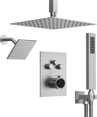 Ceiling Mount 12" High-Pressure Rainfall Shower Faucet, Dual Rainfall Shower Head System with Valve (Brushed Nickel)