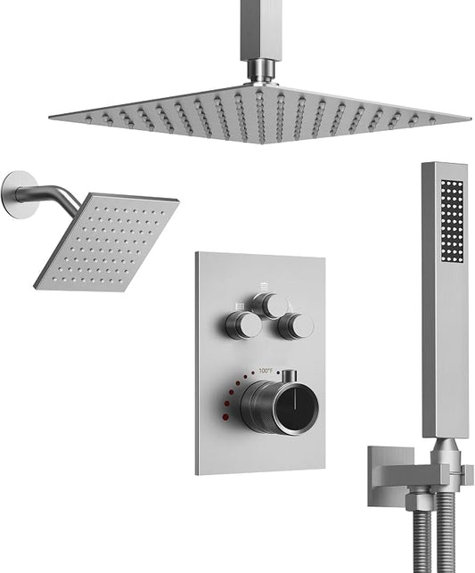 Ceiling Mount 12" High-Pressure Rainfall Shower Faucet, Dual Rainfall Shower Head System with Valve (Brushed Nickel)