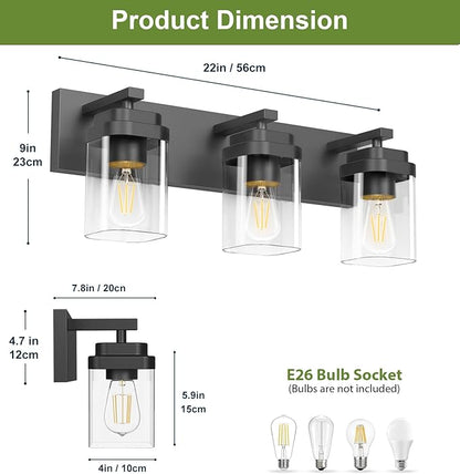 Black Bathroom Light Fixtures, 3 Lights Bathroom Lighting Fixtures Over Mirror, Square Design & Rectangle Large Backplate, Modern Vanity Lighting Fixtures, for Bathroom/Living Room/Bedroom