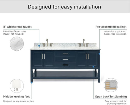 ARIEL Magnolia 72-inch Bathroom Vanity with Sink,Solid Wood, 0.75-inch Italian Carrara Marble Countertop, Double Rectangular Porcelain Sink, 4 Soft Closing Doors, 3 Dovetail Drawers, Midnight Blue