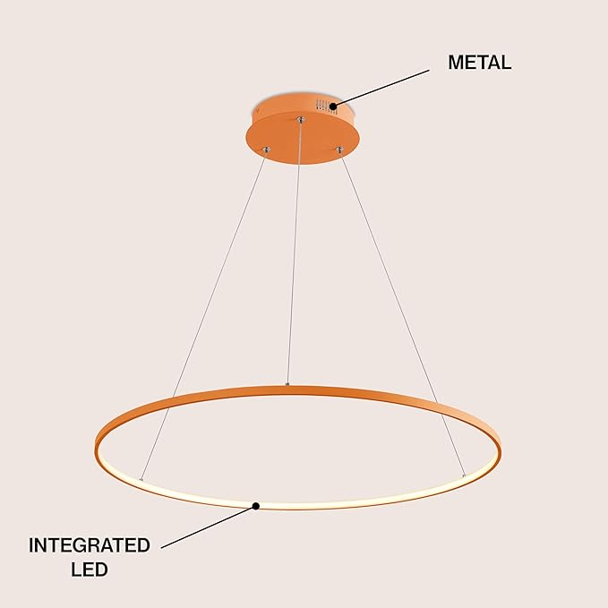 JONATHAN Y 35" Orange Modern Integrated LED Pendant Light, Dimmable Round Hoop Chandelier for Kitchen Island, Dining Room, Adjustable Height Metal Hanging Light (JYL7220G)