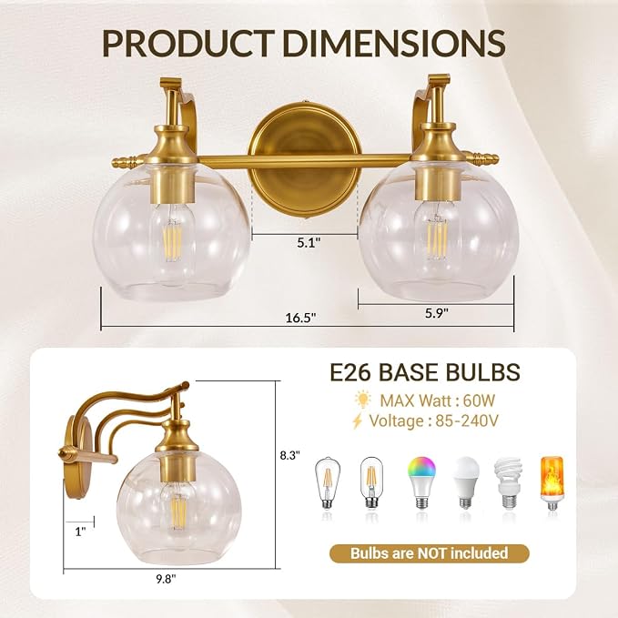 Gold Bathroom Light Fixtures, 2-Light Brass Vanity Light, Modern Sconces with Globe Clear Lampshade, Farmhouse Bathroom Lighting Fixtures Over Mirror with Metal Lamp Body, E26 Base