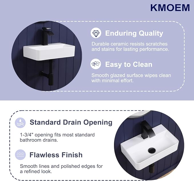 Wall Mount Bathroom Vessel Sink 17"x11" Rectangular Floating White Porcelain Ceramic Wall Hung Vanity Basin Sink for Home,RV,Bathroom