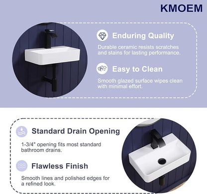 Wall Mount Bathroom Vessel Sink 17"x11" Rectangular Floating White Porcelain Ceramic Wall Hung Vanity Basin Sink for Home,RV,Bathroom