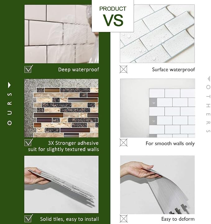 STICKGOO Thicker Design Peel and Stick Tile Backsplash, 12”×12”Stick on Backsplash for Kitchen, Self Adhesive Tile Stickers for Kitchen Backsplash and Bathroom(10 Sheets, Sand Brown)