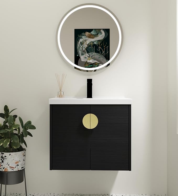 Henf Bathroom Vanity, 24 Inch, Wall Mount, Modern, Black, Ceramic Countertop, Double Doors, Floating, Gold Handle