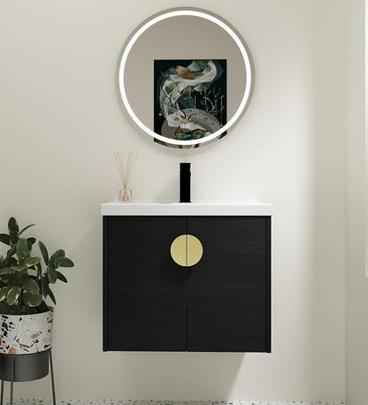 Henf Bathroom Vanity, 24 Inch, Wall Mount, Modern, Black, Ceramic Countertop, Double Doors, Floating, Gold Handle