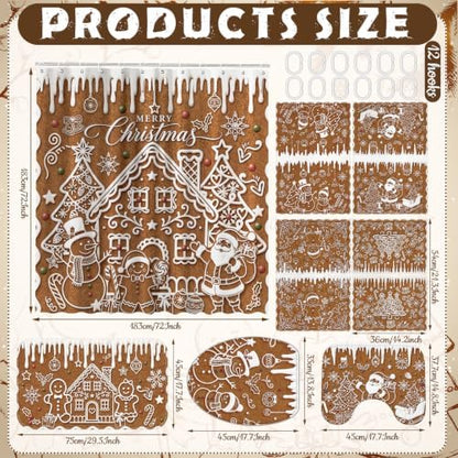 FuWeave 8Pcs Gingerbread House Christmas Shower Curtain Set, Cookie Santa Snowman Bathroom Decor, Non-Slip Bath Rug, U Mat, Toilet Lid Cover, Hand Towels & 12 Hooks, Xmas Winter Home Decor