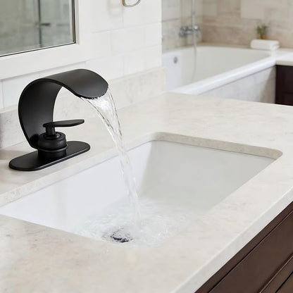 Waterfall Bathroom Sink Faucet, Matte Black Single Hole Vanity Faucet with Pop-Up Drain, Deck Plate & Supply Hoses, Modern 1 Handle Deck Mount for Bathroom Vanity Sink