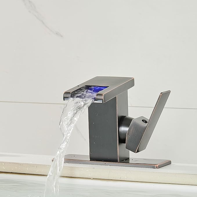 LED Bathroom Sink Faucet, Oil Rubbed Bronze Waterfall Single Hole Handle Vanity Faucets for Sinks 1 Hole with Metal Pop Up Drain and 2 Water Supply Lines, Side Handle