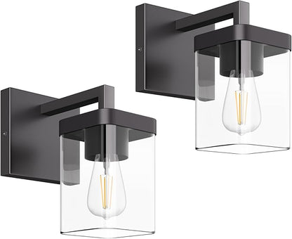 Set of 2 Wall Sconce, Square Design Morden Bathroom Lighting Fixtures with Clear Glass Shade, Matte Black Wall Lights for Living Room/Bedroom/Hallway/Porch