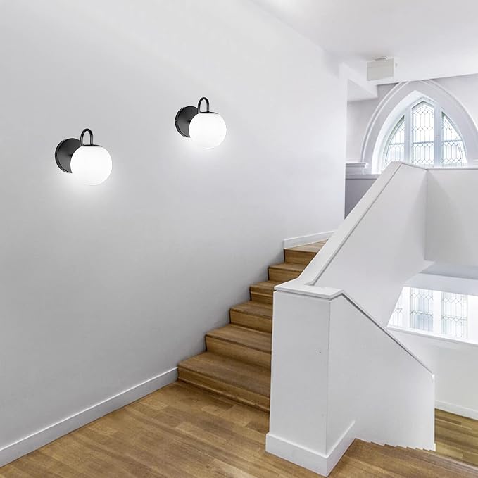 Industrial Bedroom Wall Sconce Black Indoor Wall Light Fixture Milk White Globe Glass Wall Lamp for Bathroom Kitchen Living Room Vanity Hallway (Exclude Bulb)