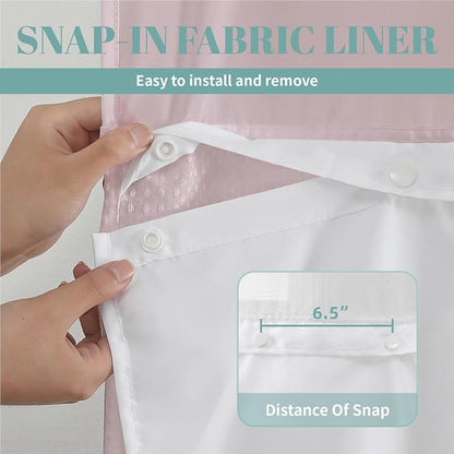 No Hook Waffle Shower Curtain with Snap-in Liner, 71x77 Inch, Blush Pink | 230 GSM waffle weave fabric, waterproof liner set with 2 bottom magnets, mesh top window, washable, for bathroom or hotel use
