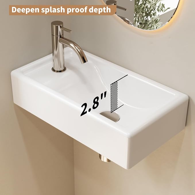 Wall Mount Bathroom Sink, Rectangular, 16" x 9", Left | Porcelain Ceramic, Floating Design, Deep Basin, High-Efficiency Drain, 9"D x 16.1"W x 3.9"H, Easy Clean, Space-Saving