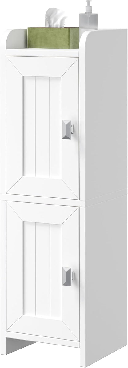 Small Bathroom Cabinet with 2 Doors, 7.9''D x 7.9''W Narrow Toilet Paper Storage Cabinet, Bathroom Organizer for Small Spaces, Slim Corner Unit with Adjustable Shelf, White
