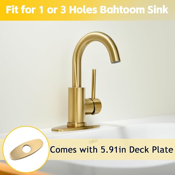 Brushed Gold Bathroom Faucets for Sink 1 Hole or 3 Holes, Single Hole Gold Bathroom Sink Faucet with Pop-Up Drain Mini Size Vanity Faucet Bar Faucet Single Handle Lavatory Faucets