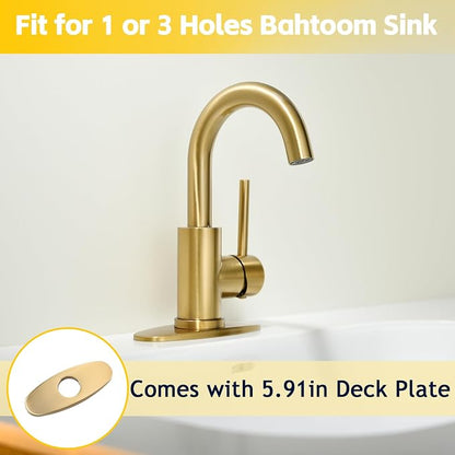 Brushed Gold Bathroom Faucets for Sink 1 Hole or 3 Holes, Single Hole Gold Bathroom Sink Faucet with Pop-Up Drain Mini Size Vanity Faucet Bar Faucet Single Handle Lavatory Faucets