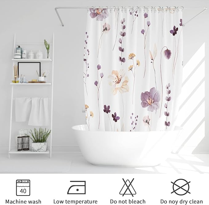 Plum Beige Watercolor Floral Fabric Shower Curtain, 72x84 | Waterproof Fabric, Modern Minimalist Floral Print, Machine Washable, Rustproof Grommets, Fade Resistant, for Bath Home