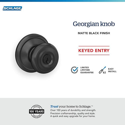 Schlage F51A GEO 622 Georgian Door Knob, Keyed Entry Lock, Matte Black