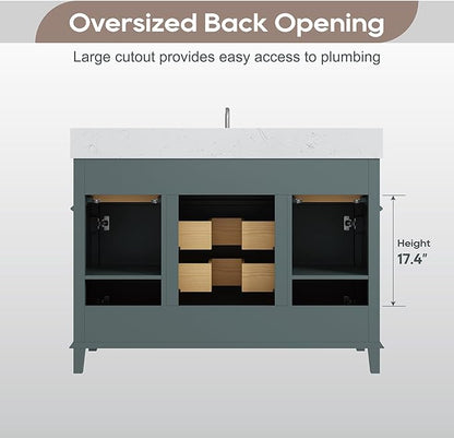 48 Inch Bathroom Vanity with Sink, Modern Bathroom Vanity with Engineered Stone Countertop, Solid Wood Frame Bathroom Storage Cabinet with Soft Closing Door & Dovetail Drawer, Green