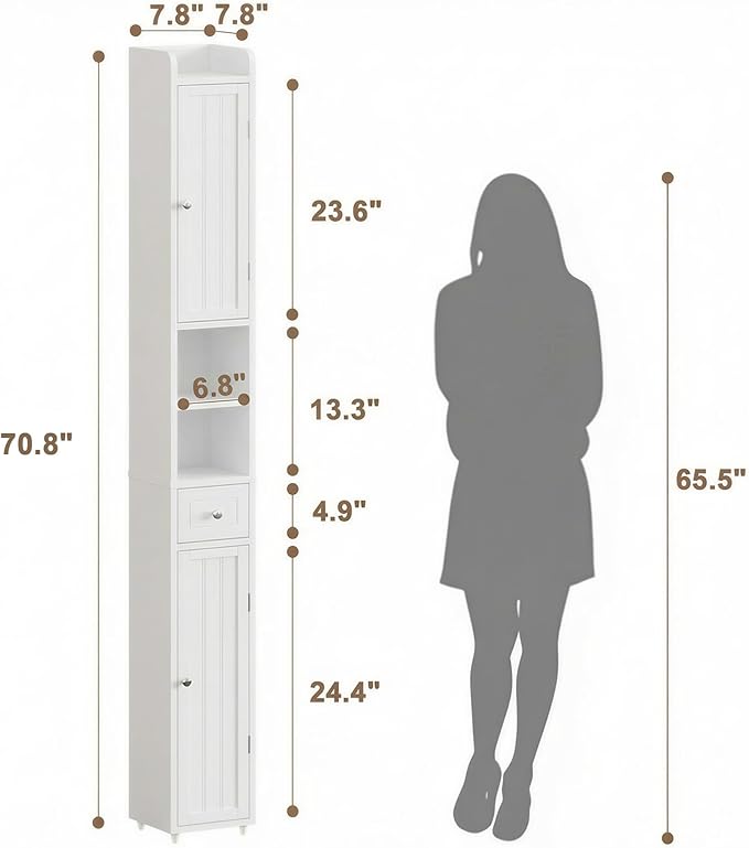 ChooChoo Narrow Bathroom Storage Cabinet with Adjustable Shelves, Tall Storage Cabinet with 2 Doors and 1 Drawer, Freestanding Cupboard for Small Spaces, White