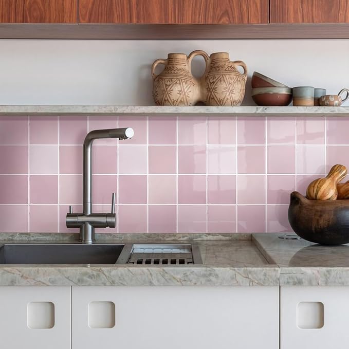 Thicker 3D Peel and Stick Backsplash Tiles, 10 Pcs 12" x 12" | Pink, 10 Pcs 12" x 12", Glossy Self Adhesive Decorative Vinyl Backsplash Wall Sticker, Cover 10 sq ft，Removable，Waterproof