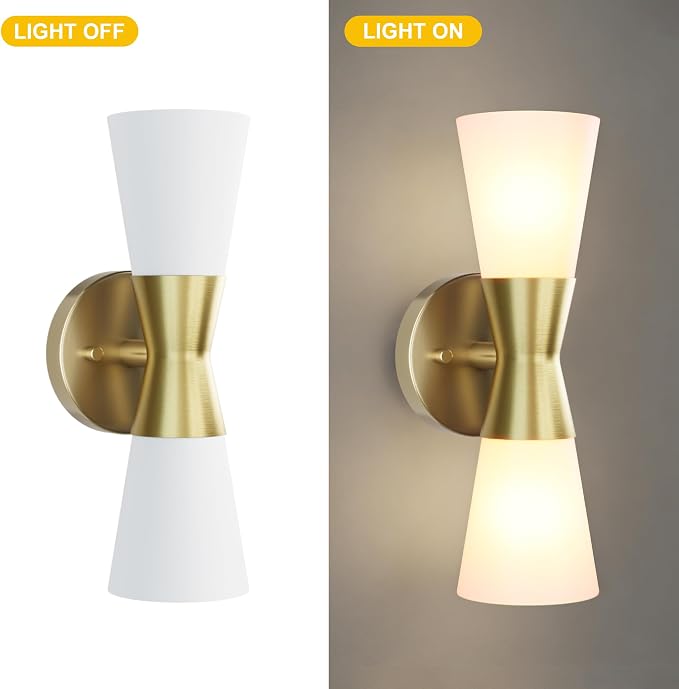 Bathroom Wall Sconce, Modern Indoor Vanity Light Fixtures, Up Down Lighting, Wall Mount Lamp for Living Room Bedroom Hallway Stairway Fireplace Mirror E26 Base (White & Gold - 1pack, 13inch)