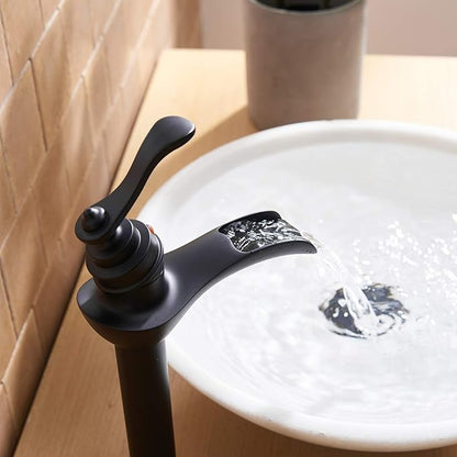 BWE Matte Black Vessel Sink Faucet Waterfall Single Hole Handle with Pop Up Drain Stopper Assembly and Supply Hose Bathroom Faucet Vanity Lavatory Mixer Tap Tall Body