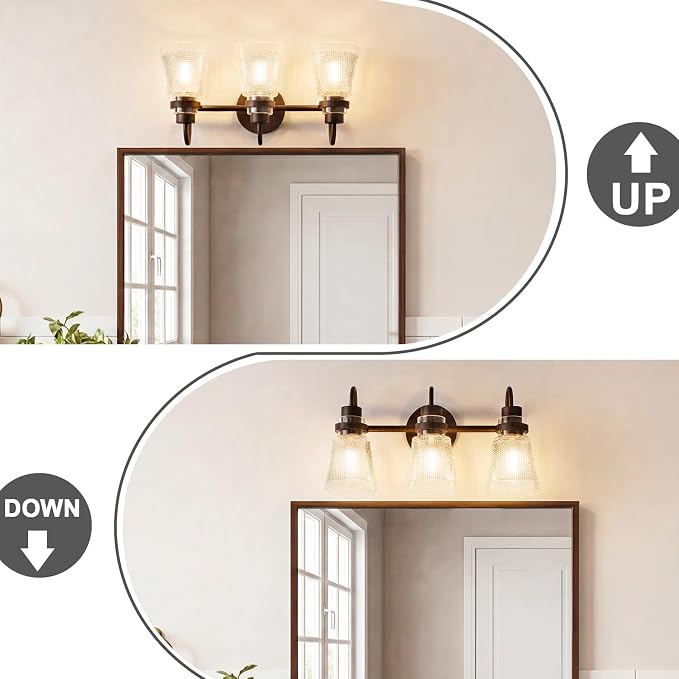 3-Light Bathroom Vanity Light, Farmhouse Bathroom Light Fixture with Clear Striped Glass Shade, 18.8 Inch Oil Rubbed Bronze Wall Sconce Lighting Over Mirror for Bedroom Hallway Cabinet