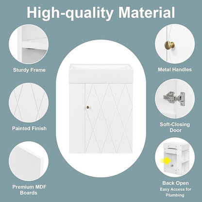 Harper & Bright Designs 20" Bathroom Vanity with Sink, Wall-Mounted Single Basin Vanity Set with Cabinet & Two-Tier Left Side Storage Shelf, Storage Cabinet with Ceramic Basin for Bathroom, White