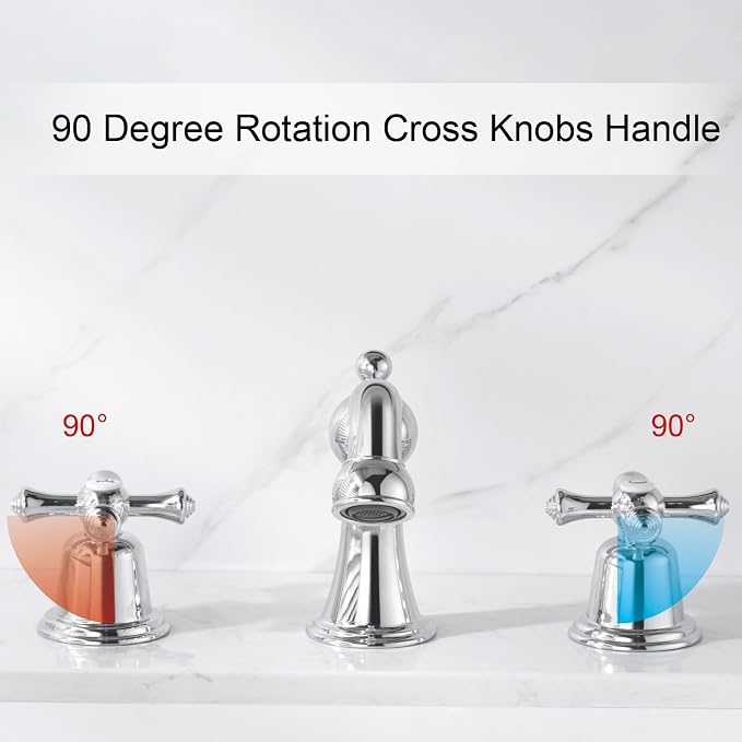 RKF Bathroom Faucets for Sink 3 Hole Chrome 8 inch Widespread Bathroom Sink Faucet with Drain 2 Handles Cross Knobs Faucet Bathroom Vanity Faucet Basin Mixer Tap CWF033-CP