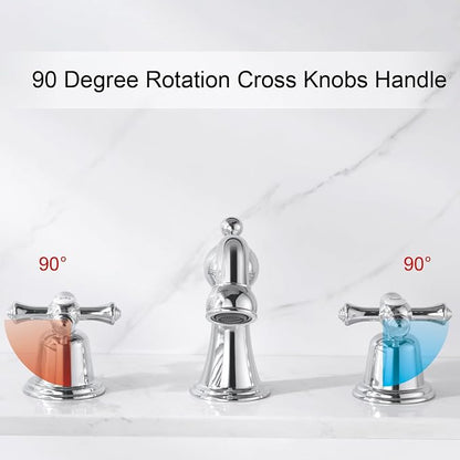RKF Bathroom Faucets for Sink 3 Hole Chrome 8 inch Widespread Bathroom Sink Faucet with Drain 2 Handles Cross Knobs Faucet Bathroom Vanity Faucet Basin Mixer Tap CWF033-CP