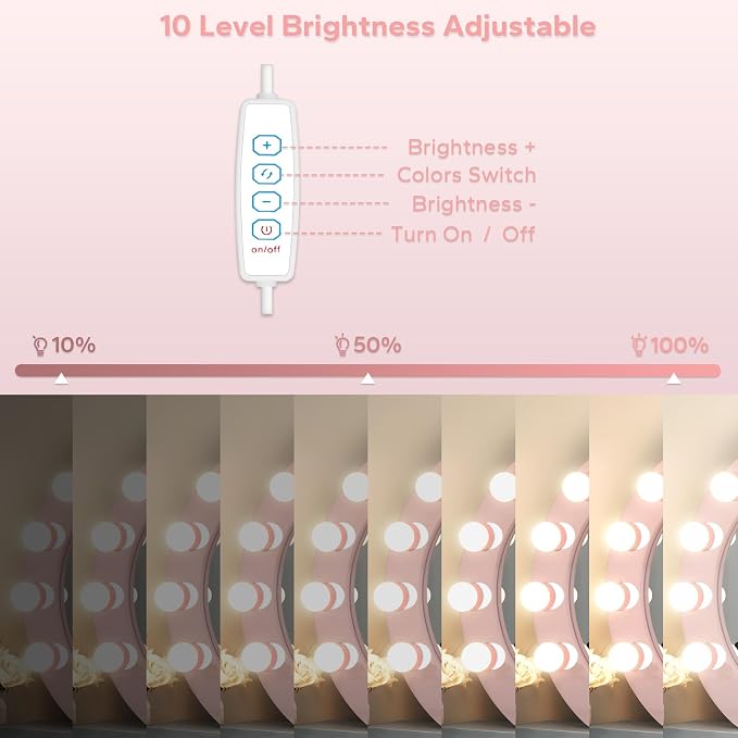 LED Vanity Lights For Mirror, Pink Vanity Light Stick on with 10 Bulbs | 3000K 4000K 6500K & 10 Level Brightness Adjustable USB Cable Hollywood Mirror Lights for Makeup Dressing Room Bathroom