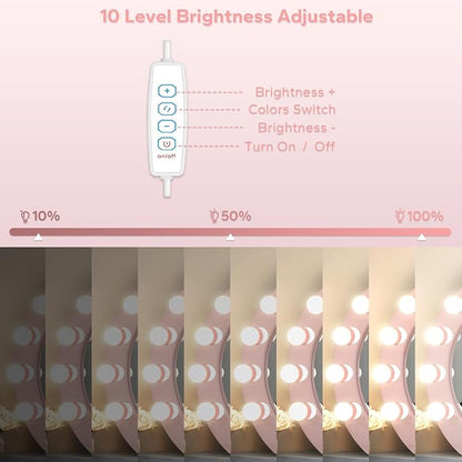 LED Vanity Lights For Mirror, Pink Vanity Light Stick on with 10 Bulbs | 3000K 4000K 6500K & 10 Level Brightness Adjustable USB Cable Hollywood Mirror Lights for Makeup Dressing Room Bathroom