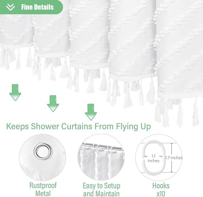Stall Boho Farmhouse Shower Curtain Tufted Chevron 60"x72" White | 60 Inch Wide, Elegant Tassel, Lightweight Textured Fabric, Water Repellent, Washable, for Narrow Bathroom/Dorm 10 Hooks