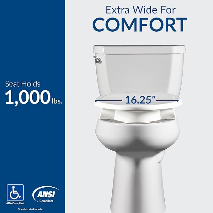 Bemis Assurance 3" Raised Toilet Seat for Seniors, Made in USA, Secure Hinges, Clean Shield Guard, Elongated, White