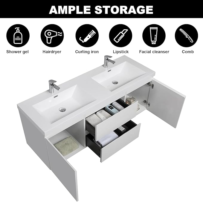 Wall Mounted 60 Inch Bathroom Vanity with Sink, Floating Vanity Bathroom, Double Sink Bathroom Vanity, 2 Drawers, 2 Soft Closing Doors, Resin Integrated Sink (Glossy White)