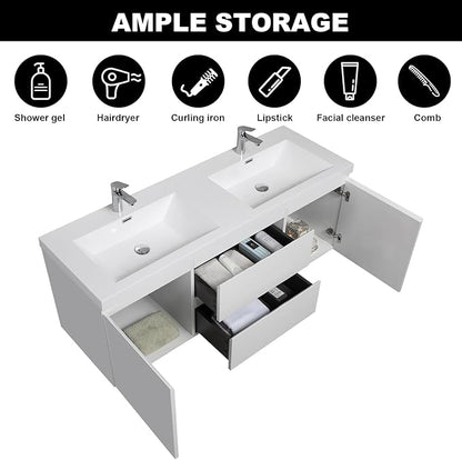 Wall Mounted 60 Inch Bathroom Vanity with Sink, Floating Vanity Bathroom, Double Sink Bathroom Vanity, 2 Drawers, 2 Soft Closing Doors, Resin Integrated Sink (Glossy White)