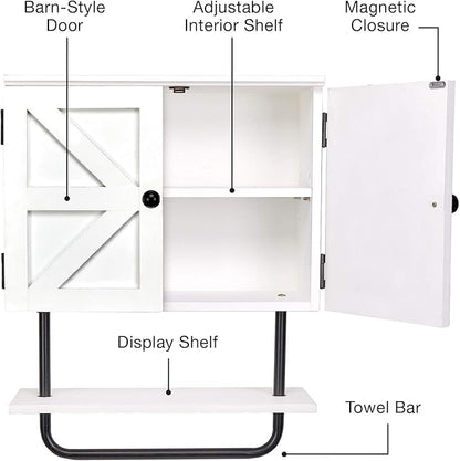 EXCELLO GLOBAL PRODUCTS 17x21” Barndoor Bathroom Wall Cabinet, Space Saver Storage Cabinet Kitchen Medicine Cabinet with Adjustable Shelf and Towel Bar, White