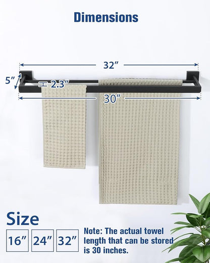 Alise Double Towel Bars Towel Rack for Bathroom Wall Mount 32 Inch,Black | SUS304 Stainless Steel Bathroom Towel Holder, Square Towel Rod Towel Hanger for Bathroom Lavatory Kitchen