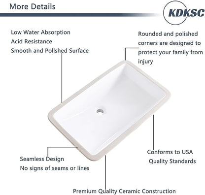 27 Inch Undermount Bathroom Sink White Ceramic Rectangular Under Counter Bathroom Sink for Cabinet Porcelain Vanity Sinks,Overflow Type (27.3"x16.5")