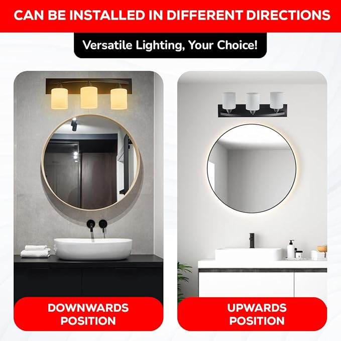 3-Light Bathroom Vanity Bar Light Fixture - Matte Black | Modern Frosted glass shades with E26 socket. Matte Wall sconce lighting perfect over mirror, kitchen, hallway, or entryway