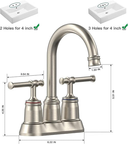 Classical Bathroom Faucets for Sink 2&3 Holes, 4 inch Bathroom Faucet, 360 Swivel Spout Centerset Brushed Nickel Bathroom Faucet with Pop Up Drain and cUPC Lead-Free Hose (Brushed Nickel)