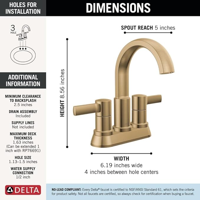 Delta Albion Centerset Brushed Gold Bathroom Faucet, 4 Inch 3 Hole Bathroom Sink Faucet for Vanity, Metal Push-Pop Drain Assembly, Champagne Bronze 25855LF-CZ