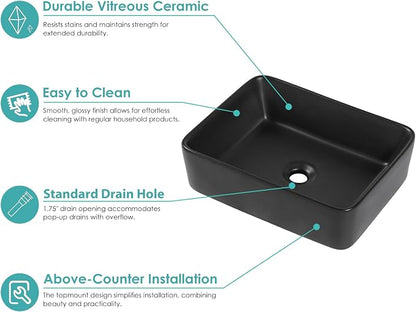 16"x12" Vessel Sink Rectangle - Modern Above Matte Black Porcelain Ceramic Bathroom Vessel Vanity Sink Bowl Art Basin