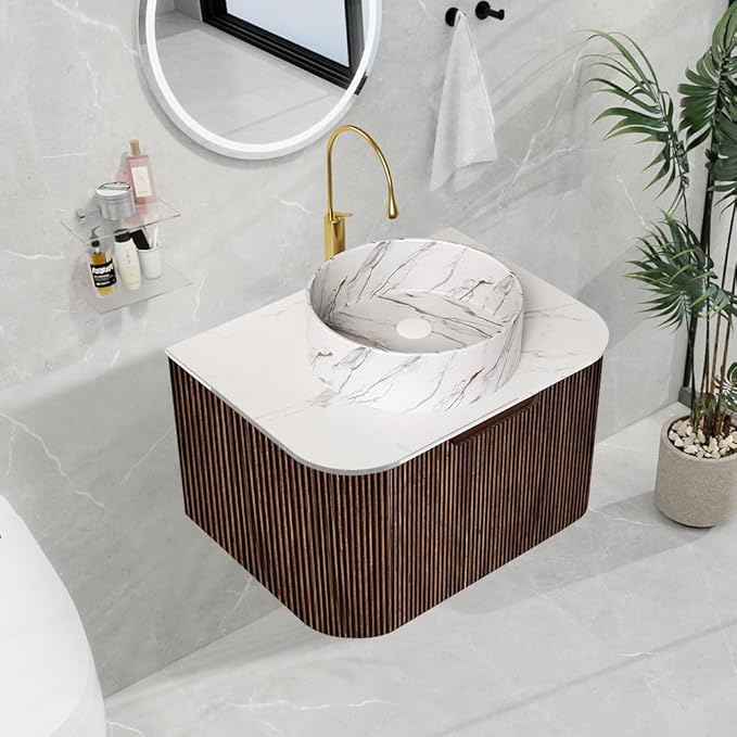 LKTART 24 Inch Floating Bathroom Vanity with Sink, Modern Wall Mounted Bathroom Storage Cabinet with Drawer, Stone Pattern Round White Ceramic Sink Top and Marble Texture Top, Walnut